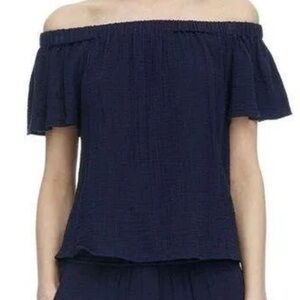 Blouses Rebecca Taylor Navy Blue Off Shoulder Gauze Top Blouse Cotton, Cropped M